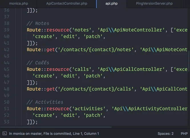 Monica's API routes, open in a code editor.