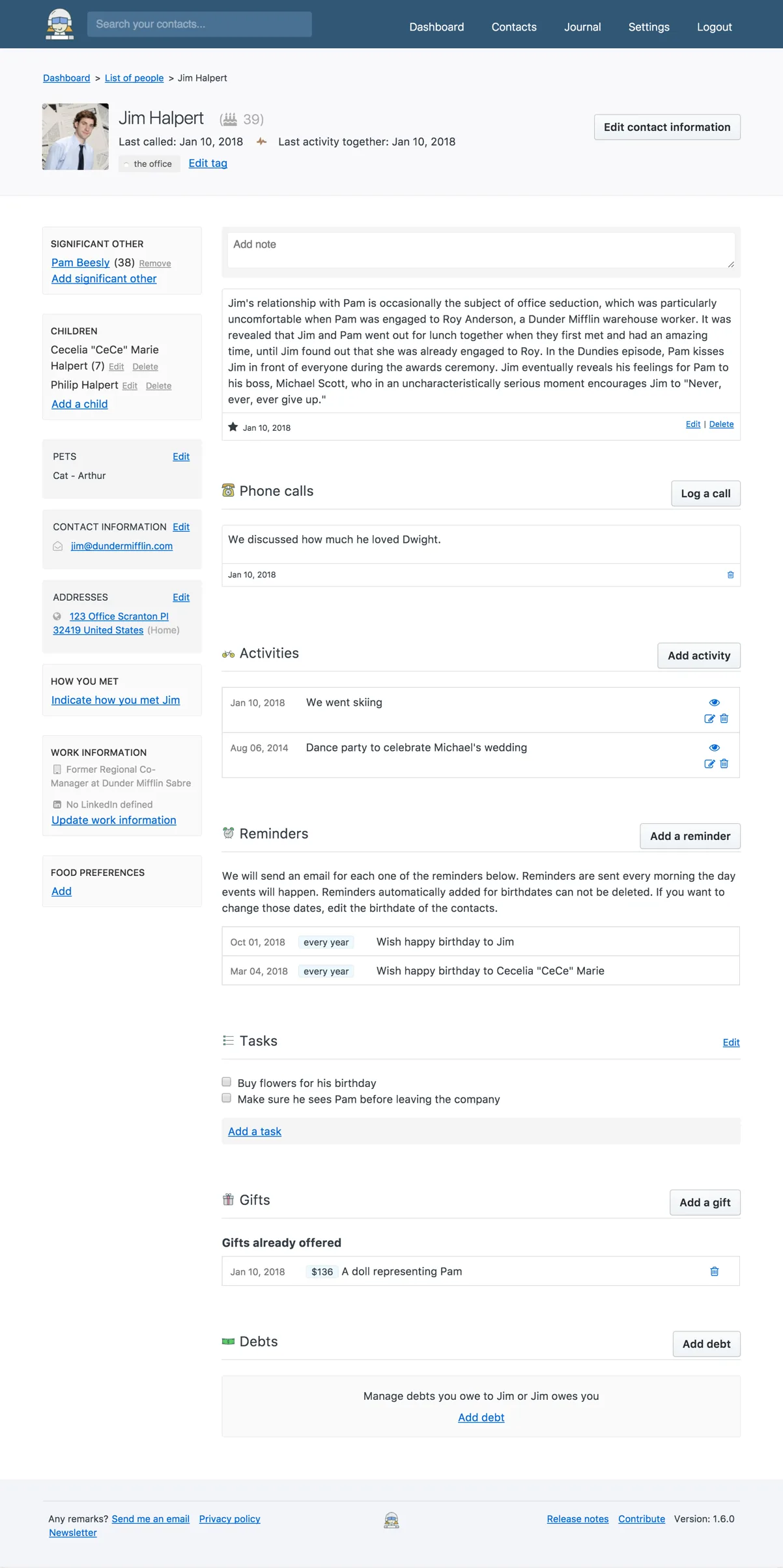 A Monica contact record: relationships, contact details, notes, calls, reminders and gifts.