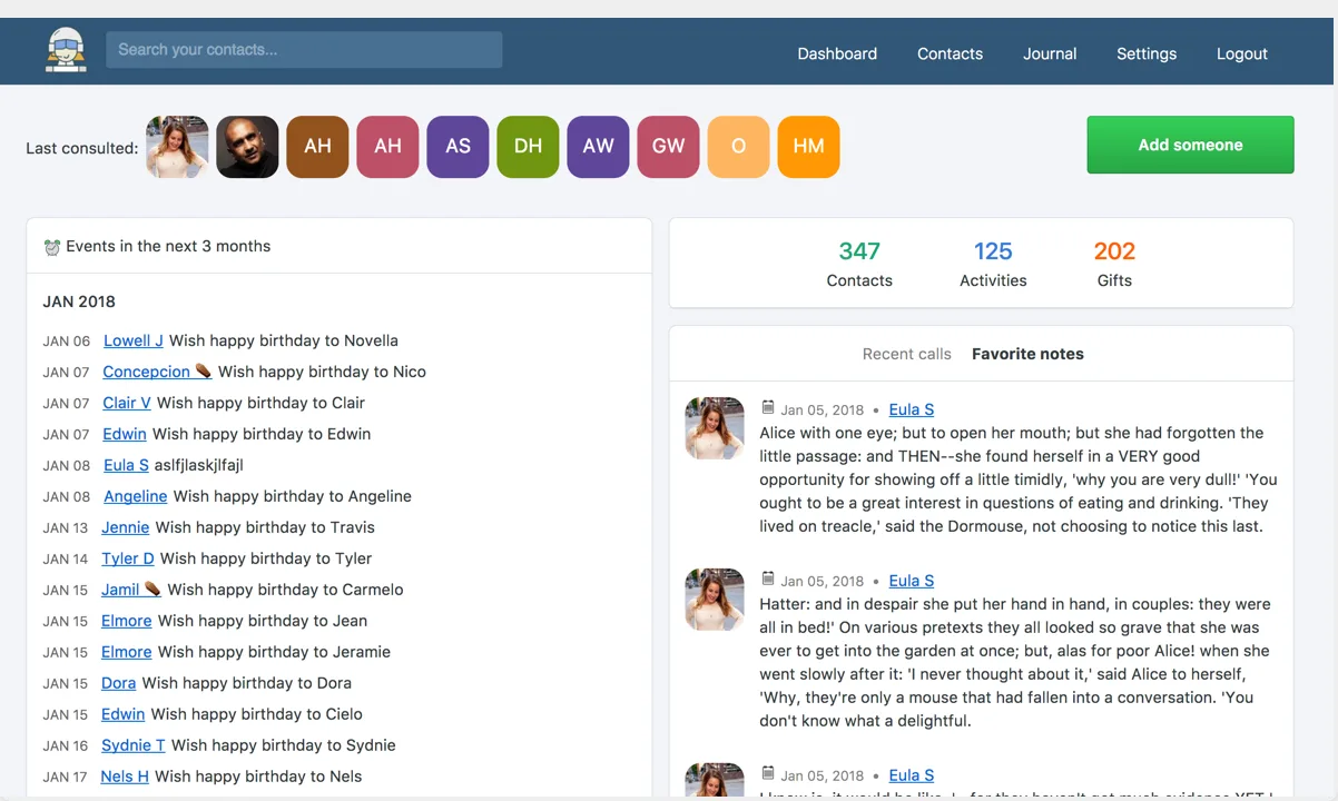 The Monica dashboard: recently consulted contacts, upcoming reminders, favourite notes and logged calls.