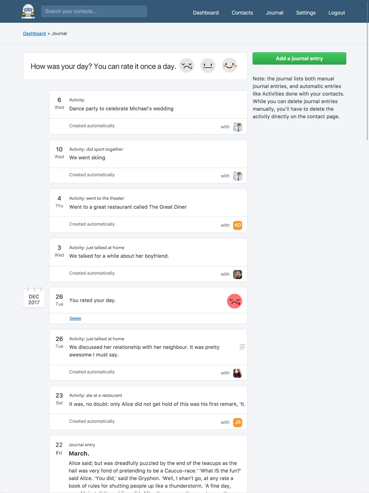 The Monica journal: how the day went, the activities logged with contacts, and written entries.